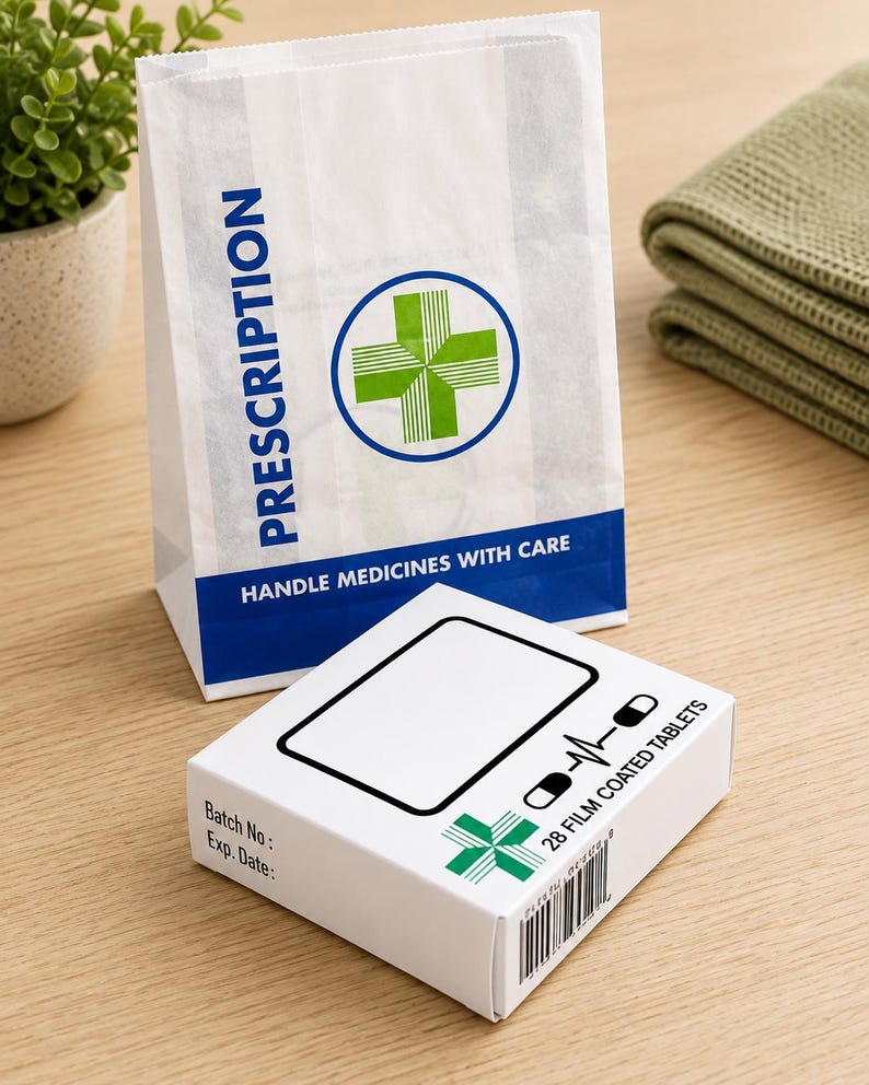 May include: A white paper prescription bag with blue text and a green cross symbol, accompanied by a white rectangular medication box labeled 28 film coated tablets with a green cross, a barcode, and blank fields for batch number and expiration date.
