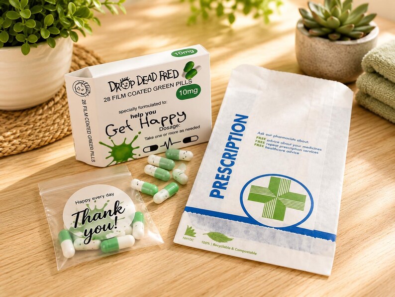 May include: A white box labeled Drop Dead Fred 28 film coated green pills 10mg with text help you Get Happy, a white prescription paper bag with a green cross, a clear plastic bag with Thank you text, and several white and green capsules.