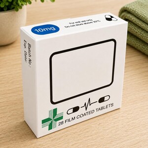 May include: A white rectangular medication box labeled 10mg and 28 film coated tablets. The packaging features a green cross, a pulse line icon, two capsule illustrations, and text stating for oral use only and do not store above 30&deg;C.