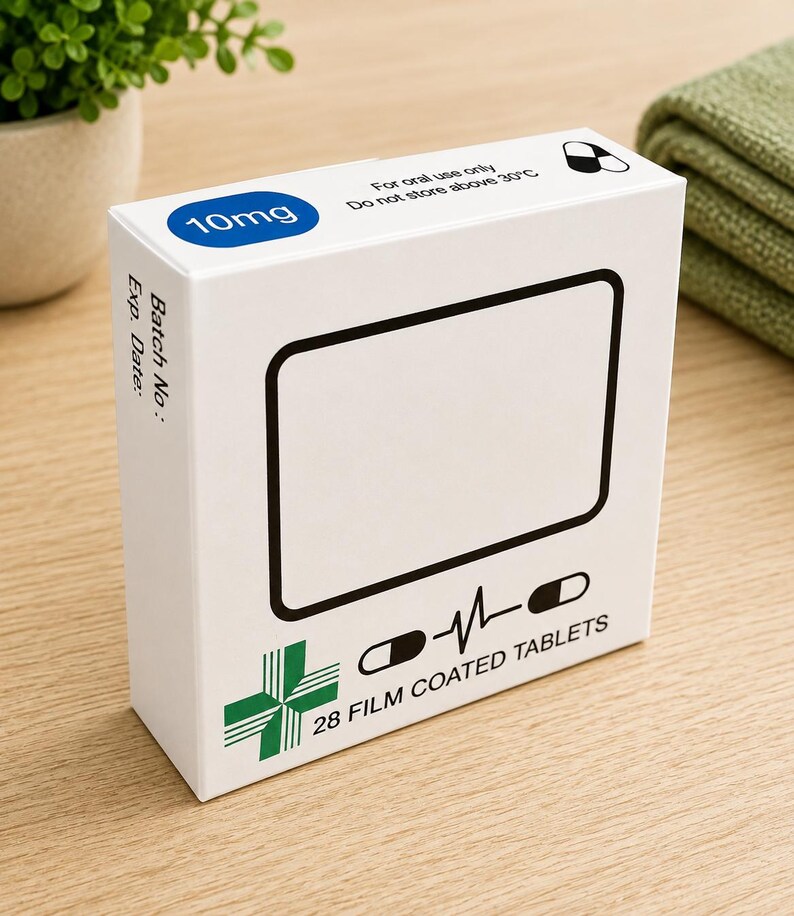 May include: A white rectangular medication box labeled 10mg and 28 film coated tablets. The packaging features a green cross, a pulse line icon, two capsule illustrations, and text stating for oral use only and do not store above 30&deg;C.