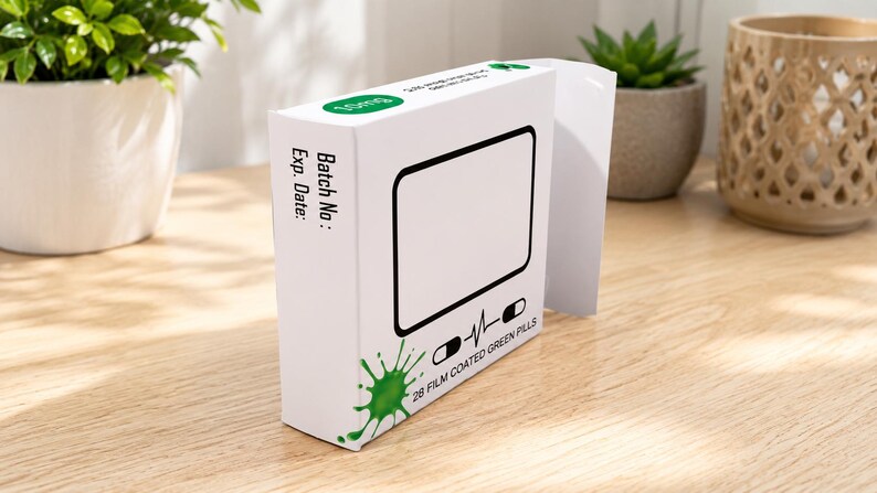 May include: A white rectangular cardboard box with a green ink splatter graphic, a black outlined frame, and text reading 28 FILM COATED GREEN PILLS, Batch No:, and Exp. Date:. The box features a small green circular logo on the top edge.