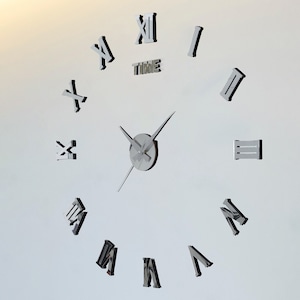 Modern Stylish DIY Wall Clock, 3D Frameless Elegant Home Decoration, Mirror Surface Sticker, Decal Wall Clock , Roman Numeral, Silver Color