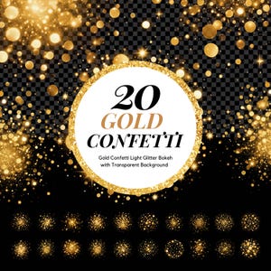 Gold Confetti Glitter Bokeh effects on Transparent Background Clipart Overlay, Golden Sparkle for Wedding Digital PNG
