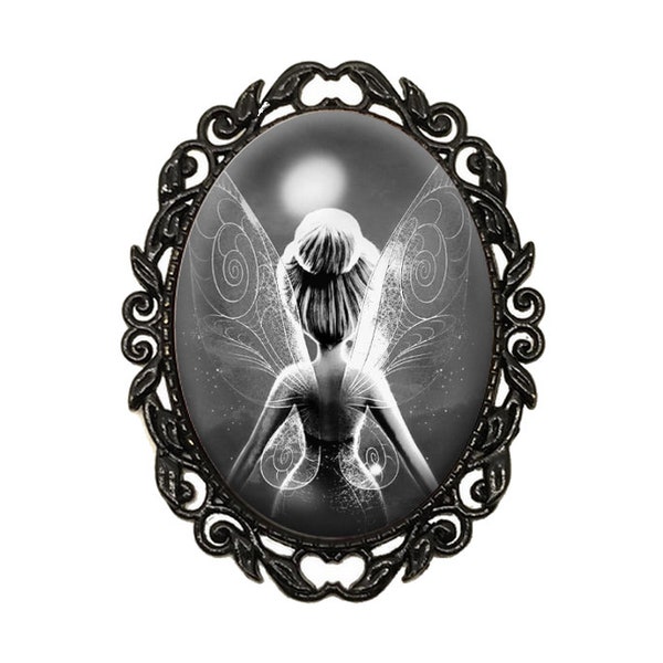 Broche Noire avec Cabochon en Verre Fée Clochette - Cadeau Anniversaire Fête Noël