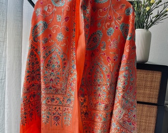 A Kashmiri semi pashmina Kalamkari shawl . Very fine hand Hook work done using Art Silk thread for the embroidery.