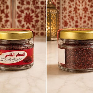 Op de afbeelding: Een kleine glazen pot met een goudkleurig metalen deksel gevuld met donkerrood poeder. Het voorste etiket bevat de tekst "العكر الفاسي" en "100% BIO" in rood en wit. De pot wordt vanuit twee hoeken getoond, wat de korrelige textuur laat zien.