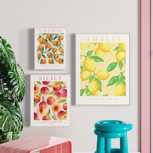 Set Of 3 Digital Prints, Fruit Poster, Kitchen Wall Art, Lemon Art, Fruit Wall Art, Printable Art, Fruit Market Print, Cottagecore decor