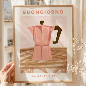 Buongiorno Espresso Print, Moka Pot Italian Coffee Poster, Kitchen Poster, Good Morning Printable Wall Art, Fruit Market Botanical Wall Art