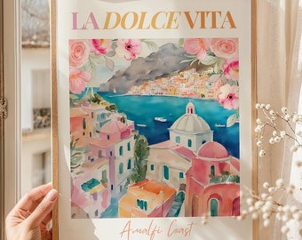 Italy travel poster, La Dolce Vita, Dolce Far Niente, Italian Art Housewarming Gift, Colorful Art Print Positano Amalfi Coast Kitchen Poster