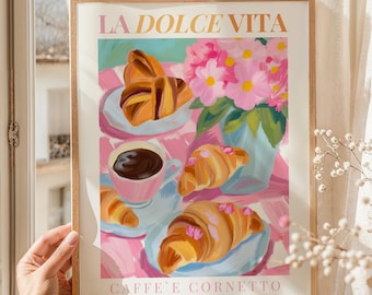 Italy travel poster, Croissant and Espresso, La Dolce Vita, Brunch Club, Breakfast Print, Italian Housewarming, Colorful Print Coffee Lover
