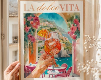 Aperol Spritz Poster, Italian Wall Art, Cocktail Wall Art, Signature Cocktail Home Bar Cart, Colorful Amalfi Coast Cocktail Printable Poster