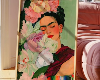 Floral Frida Kahlo, Flower Abstract Digital Download, Modern Boho Floral Print, Green Botanical Wall Decor