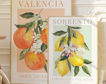 Lemon & Orange Watercolor Print Set, Kitchen Wall Art (Digital Download)