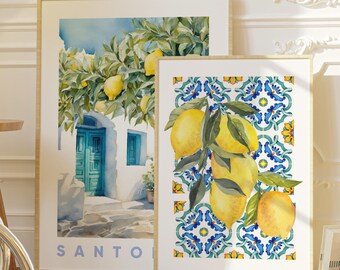 Lemon Print Wall Art, Santorini Print, Greek Travel Wall Art, Kitchen Poster, Fresh Lemon Poster, Lemon Tree Poster, Botanical Kitchen Decor