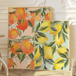 Italian Lemon Print Wall Art, Orange fruit poster, lemon & orange set of posters, colorful kitchen, living room art, watercolor illustration