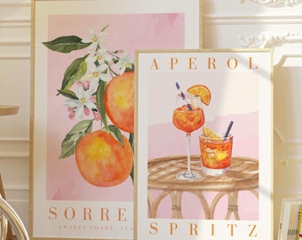 Aperol Spritz Cocktail Print Set, Home Bar Botanical Art (Digital Download)