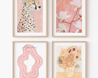 Pink Eclectic Wall Art Set of 4, Vincent Van Gogh Sunflowers, Abstract Modern Art, Cheetah Print, Flower Pink Poster Bundle, Wavy Art Print