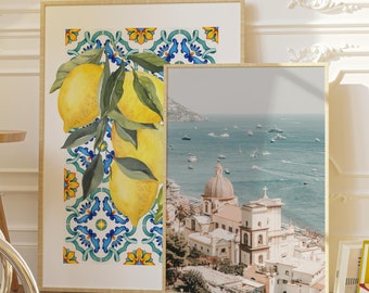 Lemon Print Set, Amalfi Coast Photography, Italian Tile Art (Digital Download)