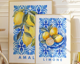 Lemon Blue Tile Print Set, Italian Watercolor Wall Art (Digital Download)