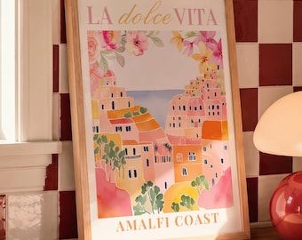 Amalfi Coast Watercolor Print, La Dolce Vita Positano Wall Art, Italian Coastal Scenery, Pastel Travel Poster, Mediterranean Home Decor