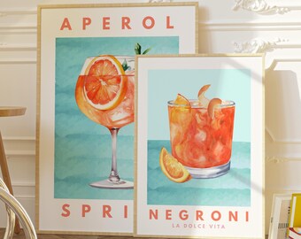 Negroni Aperol Spritz Cocktail Print Set, Bar Cart Art (Digital Download)