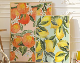 Lemon & Orange Watercolor Print Set, Italian Kitchen Wall Art (Digital Download)