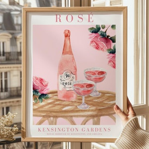 Rosé Home Bar Cart Prints, Alcohol Decor, Kitchen Poster, Rosé Cocktail Printable Wall Art, Fruit Market Botanical Wall Art, Cottagecore Art
