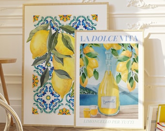 Limoncello Italian Lemon Print Set, Mediterranean Kitchen Art (Digital Download)