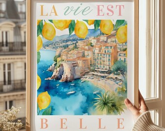 La Vie Est Belle, French Riviera Poster, Life is beautiful Lemon Print Decor, Lemon print, French Art Housewarming Gift, Colorful Art Print
