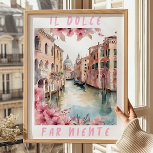 Il Dolce Far Niente、ベニスイタリアの壁プリント、キッチンの壁プリント、イタリアの壁アート、彼女への印刷可能なモダンな壁装飾ギフト、ピンクの壁アート
