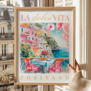 Italy travel poster, La Dolce Vita, Dolce Far Niente, Italian Art Housewarming Gift, Colorful Art Print, Positano Amalfi Coast, Coffee Lover
