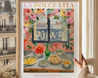 Plakat podróżniczy Włochy, La Dolce Vita, Dolce Far Niente, Włoski prezent na parapetówkę, Kolorowy wydruk artystyczny, Plakat Brunch Amalfi, Miłośnik kawy