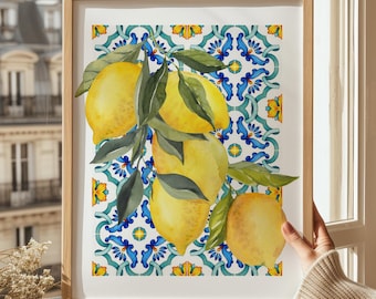 Lemon Tile Watercolor Print, Amalfi Coast Decor (Digital Download)