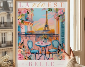Brunch Poster, Romantic Paris Coffee Lover, Espresso and Croissants Breakfast Print, France La vie Est Belle, Vibrant Pastel Digital Print