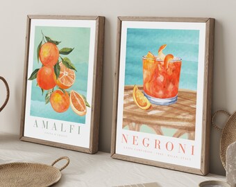 Negroni Cocktail & Amalfi Orange Print Set, Botanical Cottagecore Art (Digital Download)