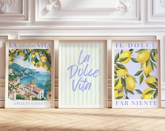 La Dolce Vita Lemon Print Wall Art, Italian Wall Art, Italy Poster Set, Fruit Market Set of 3, Kitchen Poster, Positano Amalfi Sorrento