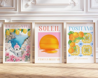 Positano Italy Print, Mediterranean Tile Print, Soleil Print, La Dolce Vita, Lemon Orange Print Amalfi Coast, Summer Set of 3 Kitchen Poster