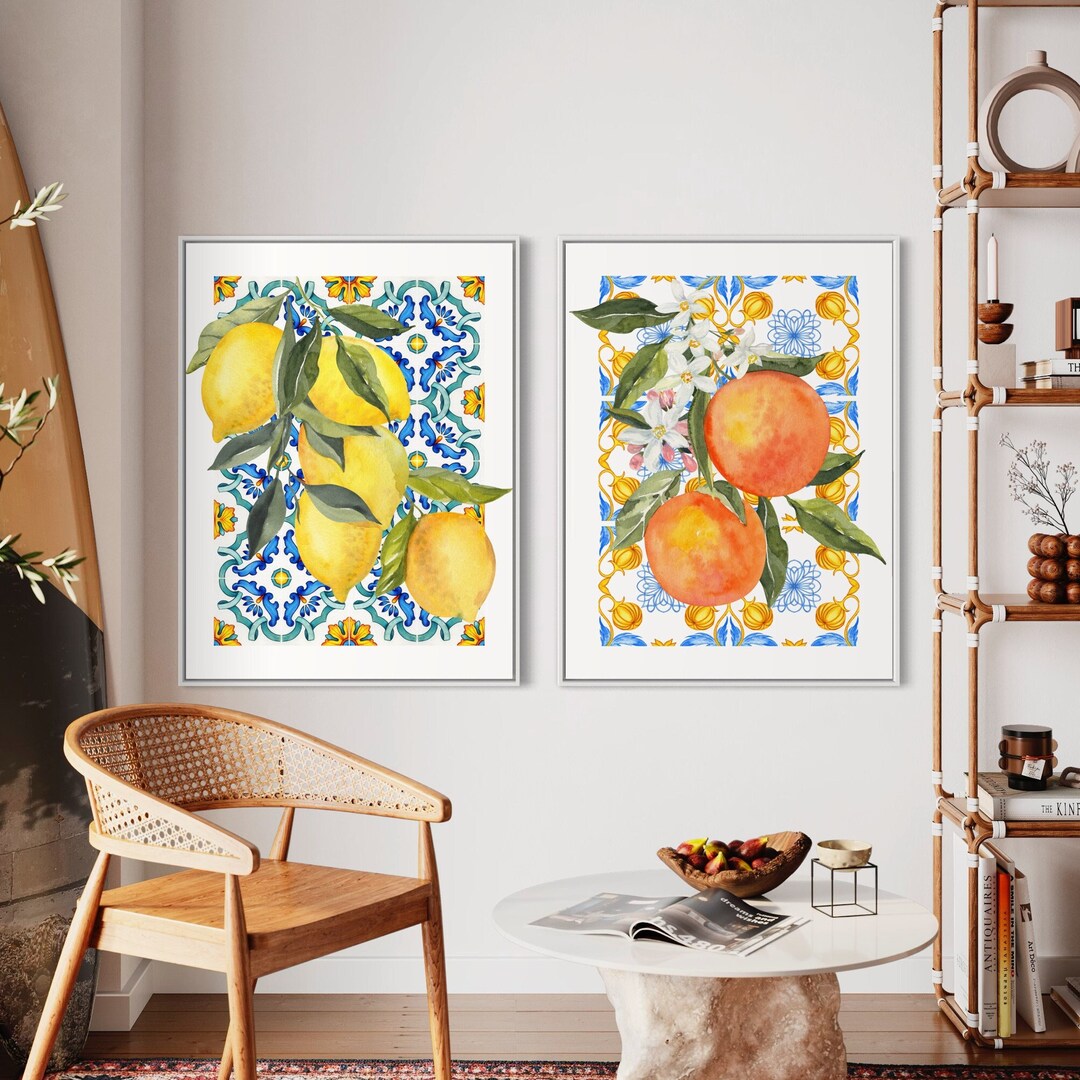 Lemon Print Wall Art, Blue Tile Printable Wall Art, Cottagecore Decor