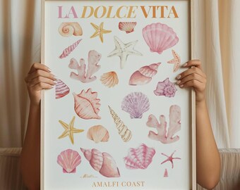 La Dolce Vita Italy Sea Shell Poster, Italy Print, Italy Art, Sea Shell, Printable Art, Italian Summer Print, Pink Wall Art, Starfish Print