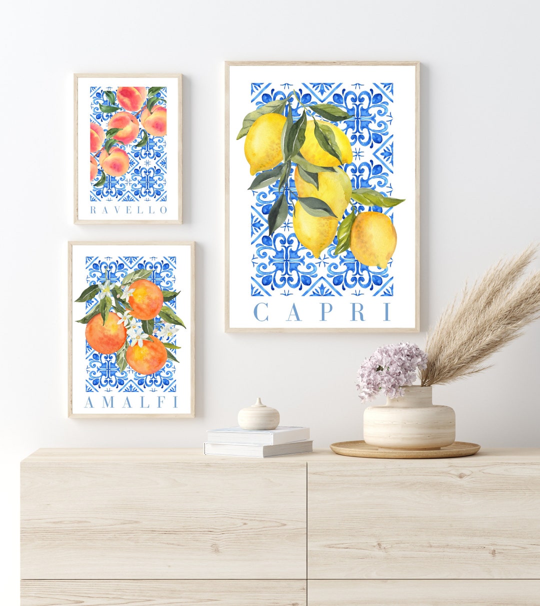 Lemon Wall Art, Blue Tile Printable Wall Art, Fruit Market Poster