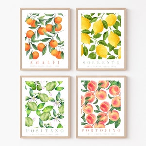 Lemon Wall Art, Fruit Poster, Lemon Print, Orange Print, Peach Lime Poster, Set of 4 Fruit Market Print, Kitchen Wall Art Vintage Print