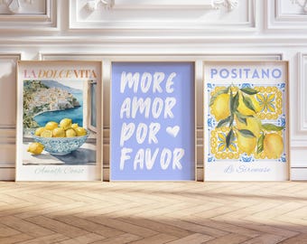 Italy wall Art, More Amor Por Favor, Lemon Print Wall Art, Fruit Decor Set of 3, Kitchen Poster, Italian Language Print, Fruit Poster