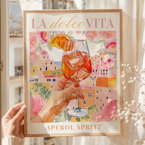 Póster de cóctel Aperol Spritz La Dolce Vita, impresión italiana, arte italiano, impresión de cócteles, arte imprimible, impresión de verano italiano, arte mural rosa