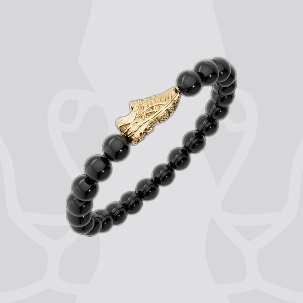 Bracelet homme en agate noire en or 14 carats avec chaussures de course. Cadeau pour copain de course.