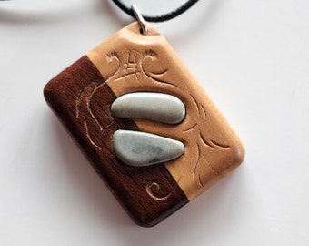 Wooden Necklace with Riverstone - Handmade Wood Jewellery - Wooden Pendant - Wood Necklace - Gift Statement Necklace -  Statement Jewellery