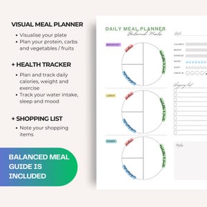Pu&ograve; includere: Un planner di pasti stampabile con una guida visiva per pasti bilanciati. Il planner include sezioni per colazione, pranzo e cena, con un cerchio diviso in sezioni per proteine, carboidrati e verdure e frutta. Ci sono anche sezioni per tenere traccia delle calorie, del peso, dell'esercizio fisico, dell'assunzione di acqua, del sonno e dell'umore, nonch&eacute; una lista della spesa.