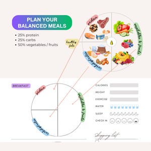 Pu&ograve; includere: Un'infografica colorata che illustra un piano di pasti equilibrato con un grafico a torta diviso in quattro sezioni: proteine, carboidrati, verdure e frutta e grassi sani. L'infografica include un elenco di percentuali del piano di pasti e una sezione per tenere traccia delle calorie, del peso, dell'esercizio fisico, dell'assunzione di acqua, del sonno e del check-in.