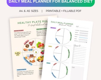 Meal Planner Printable | Balanced Healthy Meal Planner | Daily and Weekly Meal Planner | With Grocery List | Printable Template and Digital