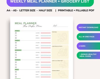 Printable Weekly Meal Planner | Grocery List, Healthy Plate Guide (Digital Download)