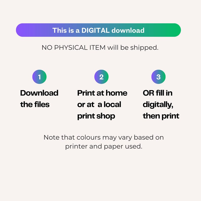 Pu&ograve; includere: Una grafica di download digitale con istruzioni su come scaricare, stampare o compilare i file digitalmente. La grafica ha tre passaggi numerati da 1 a 3. Il testo dice "Questo &egrave; un download DIGITALE. NESSUN ARTICOLO FISICO verr&agrave; spedito."
